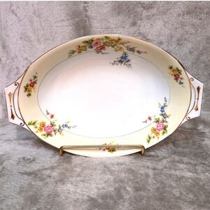 Vintage Meito China Oval Serving Platter Floral Gold Trim Handles Japan